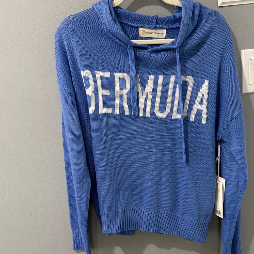 Ocean Drive Women's Cowl Neck Sweater in Blue with 'BERMUDA' Print - Picture 2 of 5